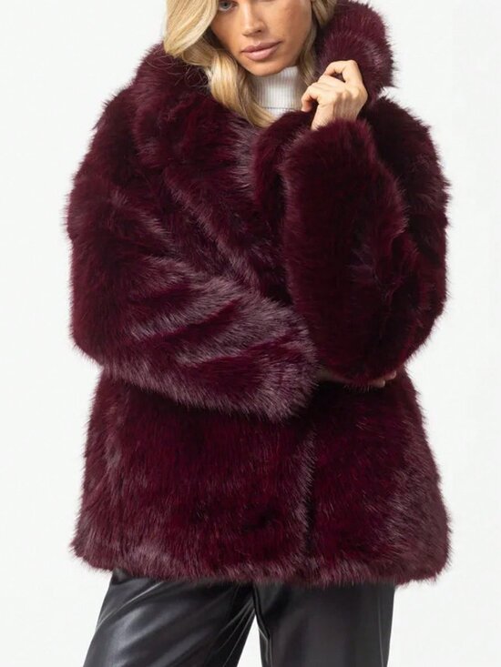 Jackets & Blazers - Burgundy Casual Women's Faux Fur teddy Warm Oversize Lapel Coat